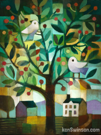 abstract folk art style painting by kentucky artist ken swinson. a cherry tree with birds. a house and barn in the background