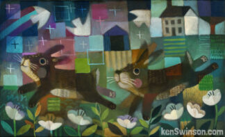 abstract folk art style painting by kentucky artist ken swinson. bunnies running in a field with flowers