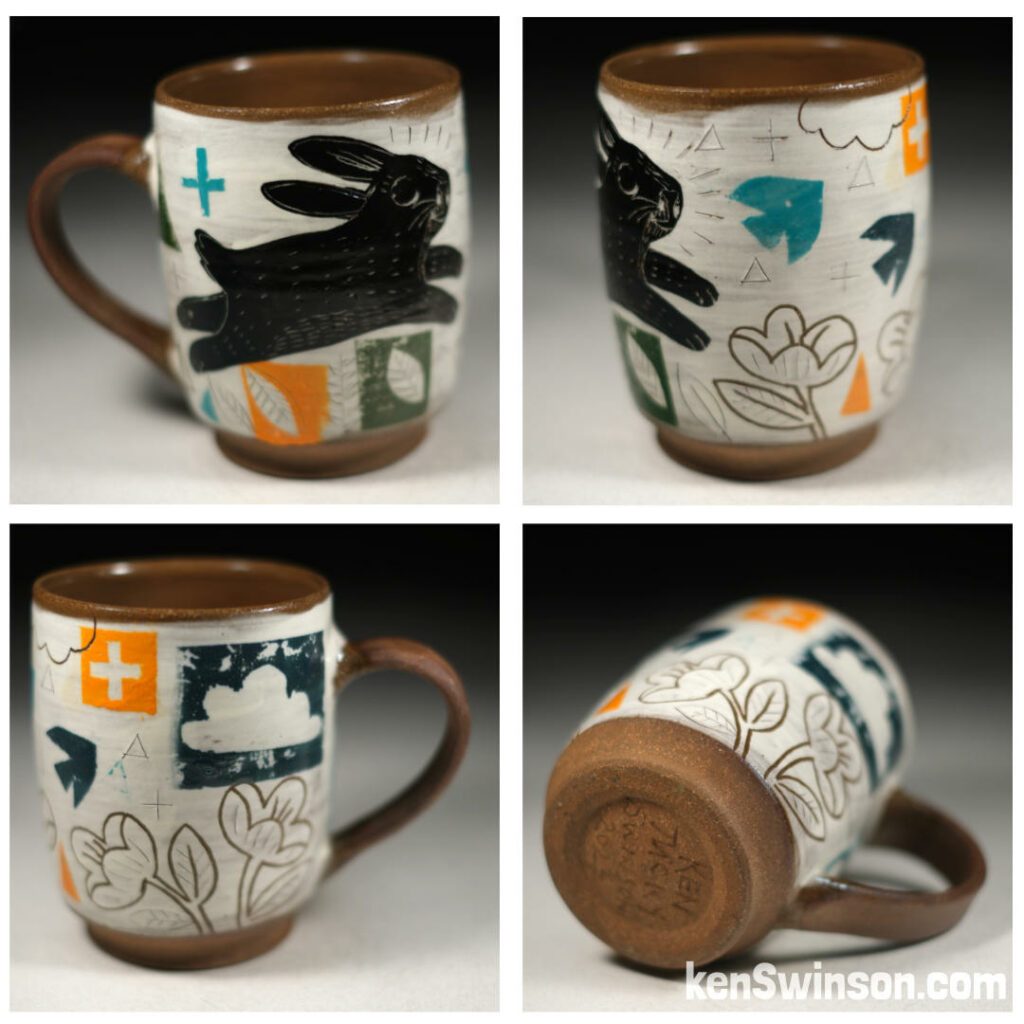 pottery cup with bunny rabbit design