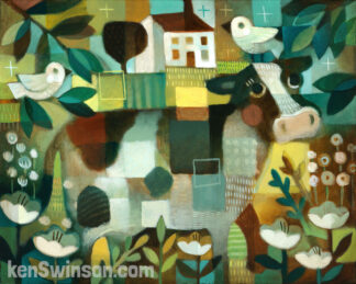an abstract folk art style painting of a cow with a bird on it's back. The bird is facing another bird hanging from a branch near the cow's rear. An old farm house is in the distance.