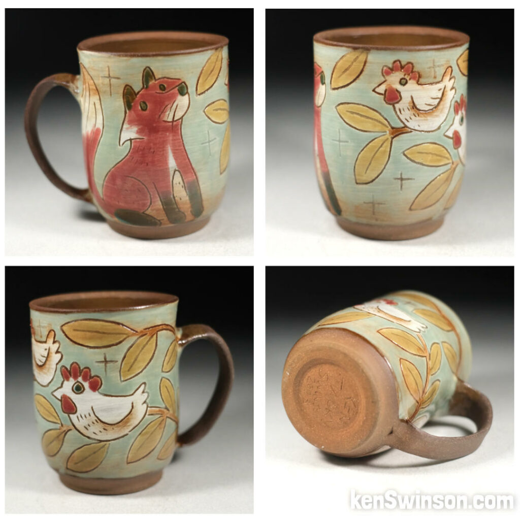 folk art pottery cup with fox and chickens kentucky