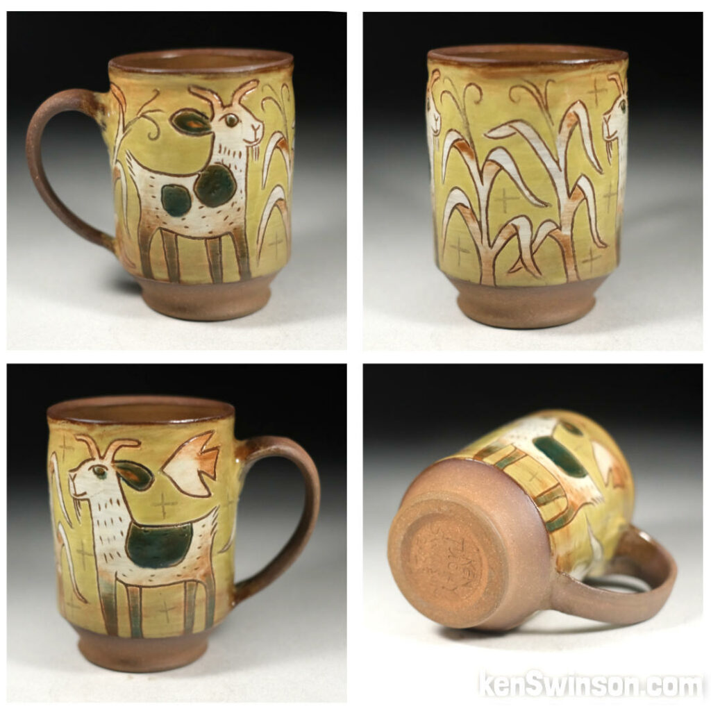 folk art pottery cup goat with corn 