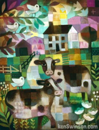 colorful folk art style painting depicting 2 cows standing in the middle of the road. There is an old house and barn in the background.