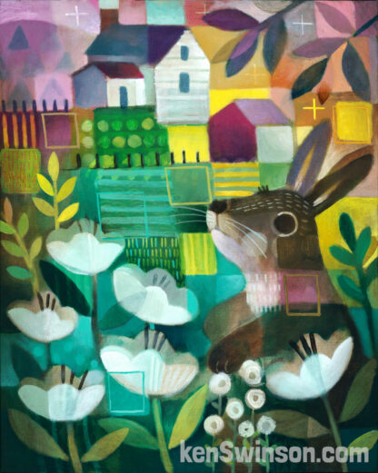 a folk art abstract style painting of a bunny in flowers with a house in the background. the house's back yard is full of cabbage.