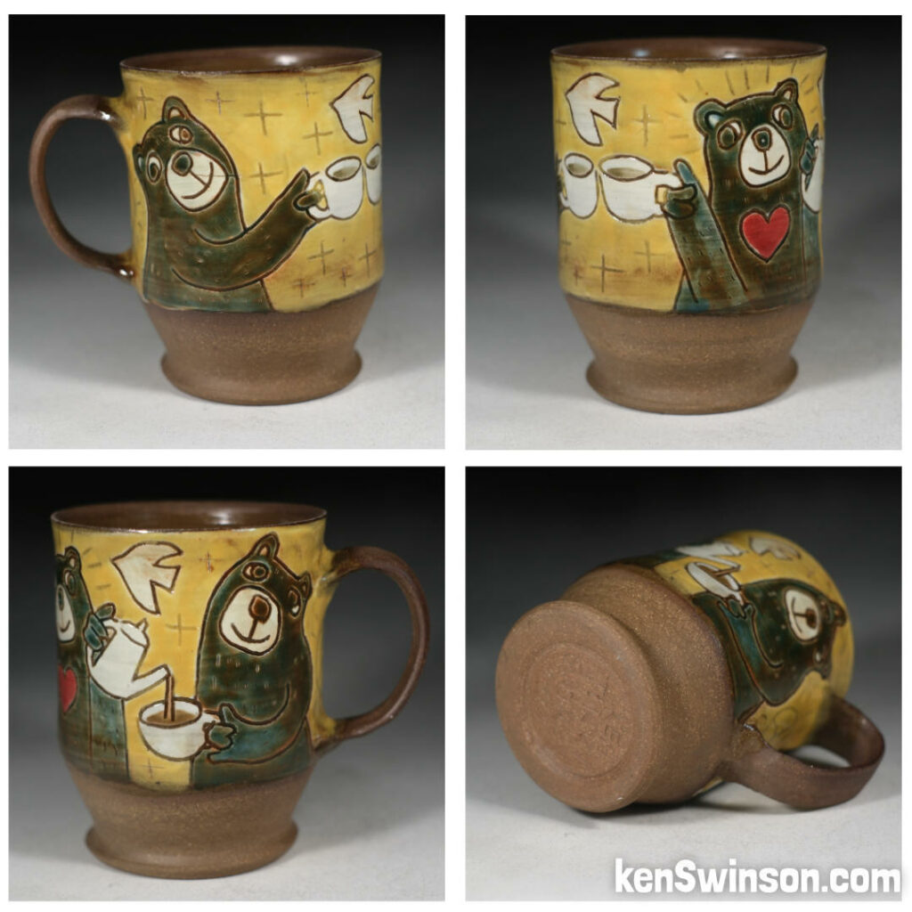 handmade pottery cup with 3 bears drinking coffee or tea on the surface design