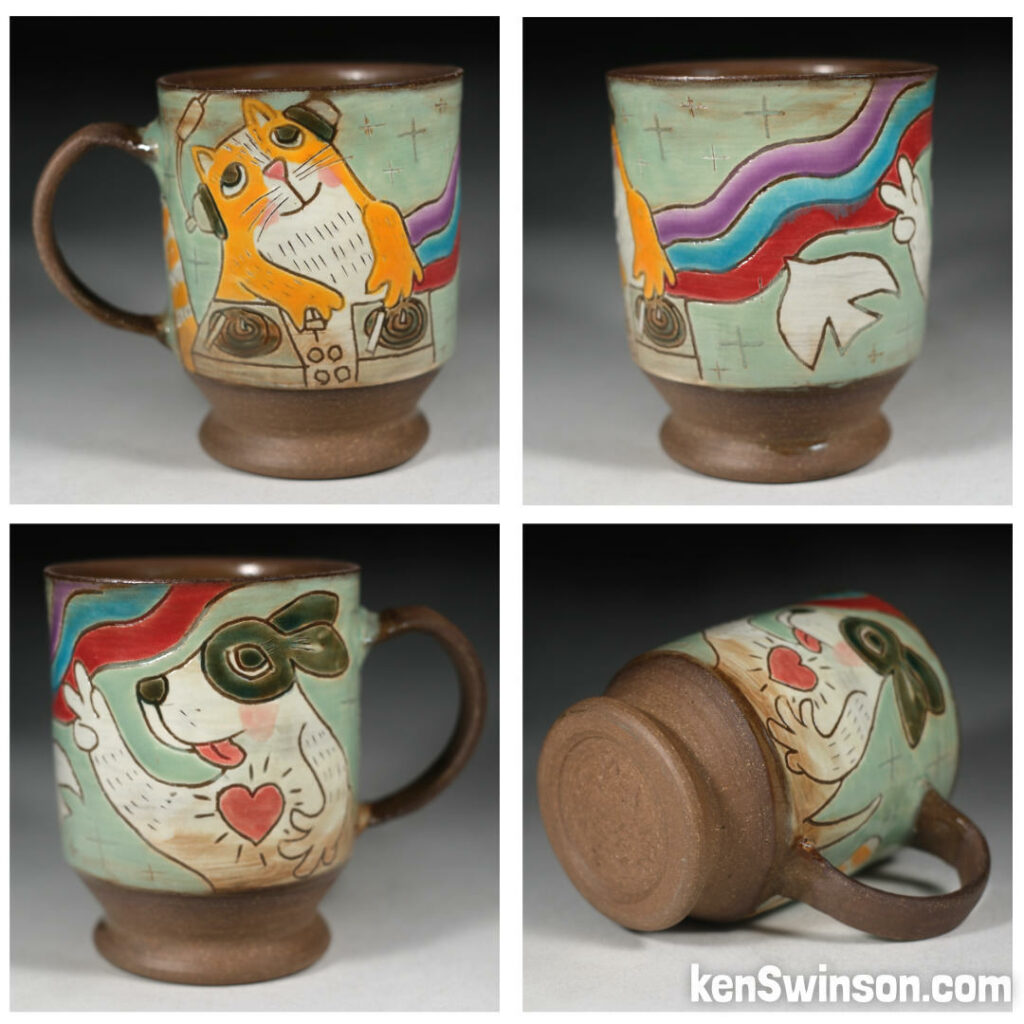 handmade pottery with a cat and dog enjoying music on the surface design