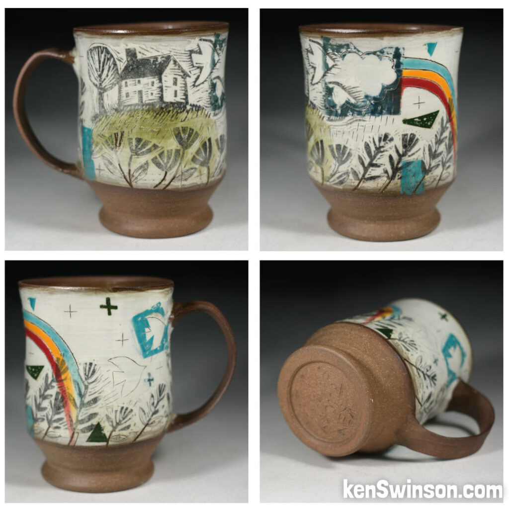 handmade cup with rainbow farm surface design made in kentucky