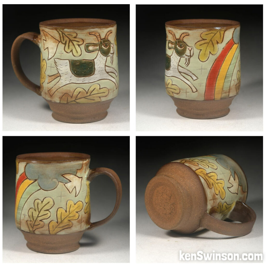 folk art pottery wheel thrown cup made in kentucky with a goat jumping towards a rainbow