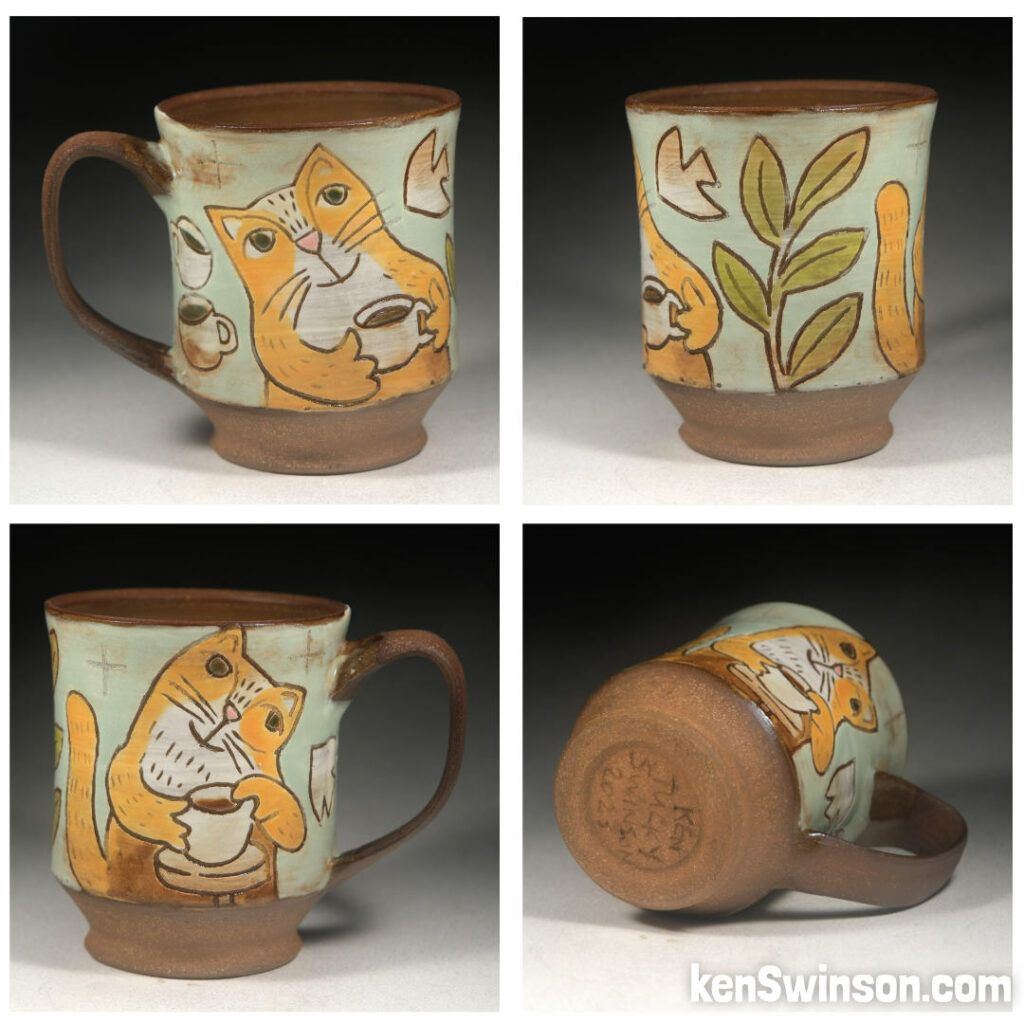 folk art pottery wheel thrown cup made in kentucky with a yellow cat making pottery on a wheel on the surface design