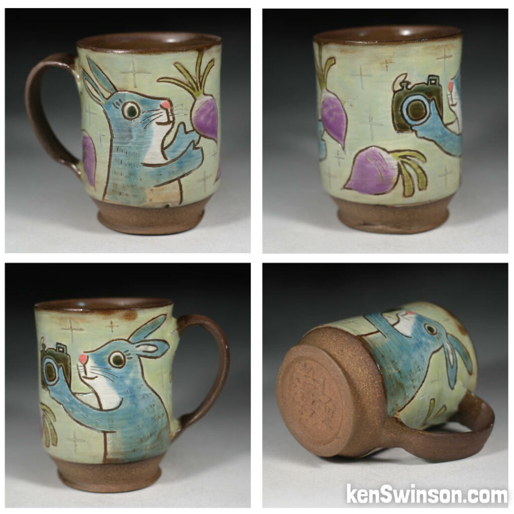handmade pottery cup with bunnies and turnip surface design