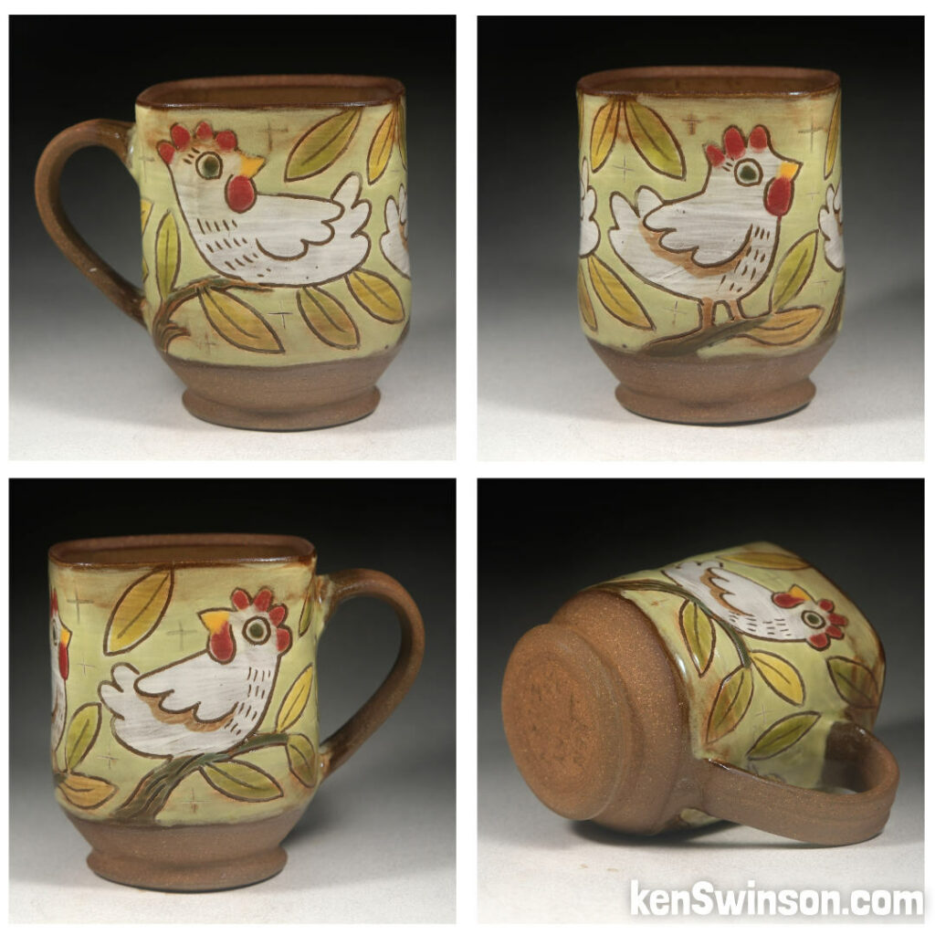 folk art pottery wheel thrown cup made in kentucky with chickens on the surface design