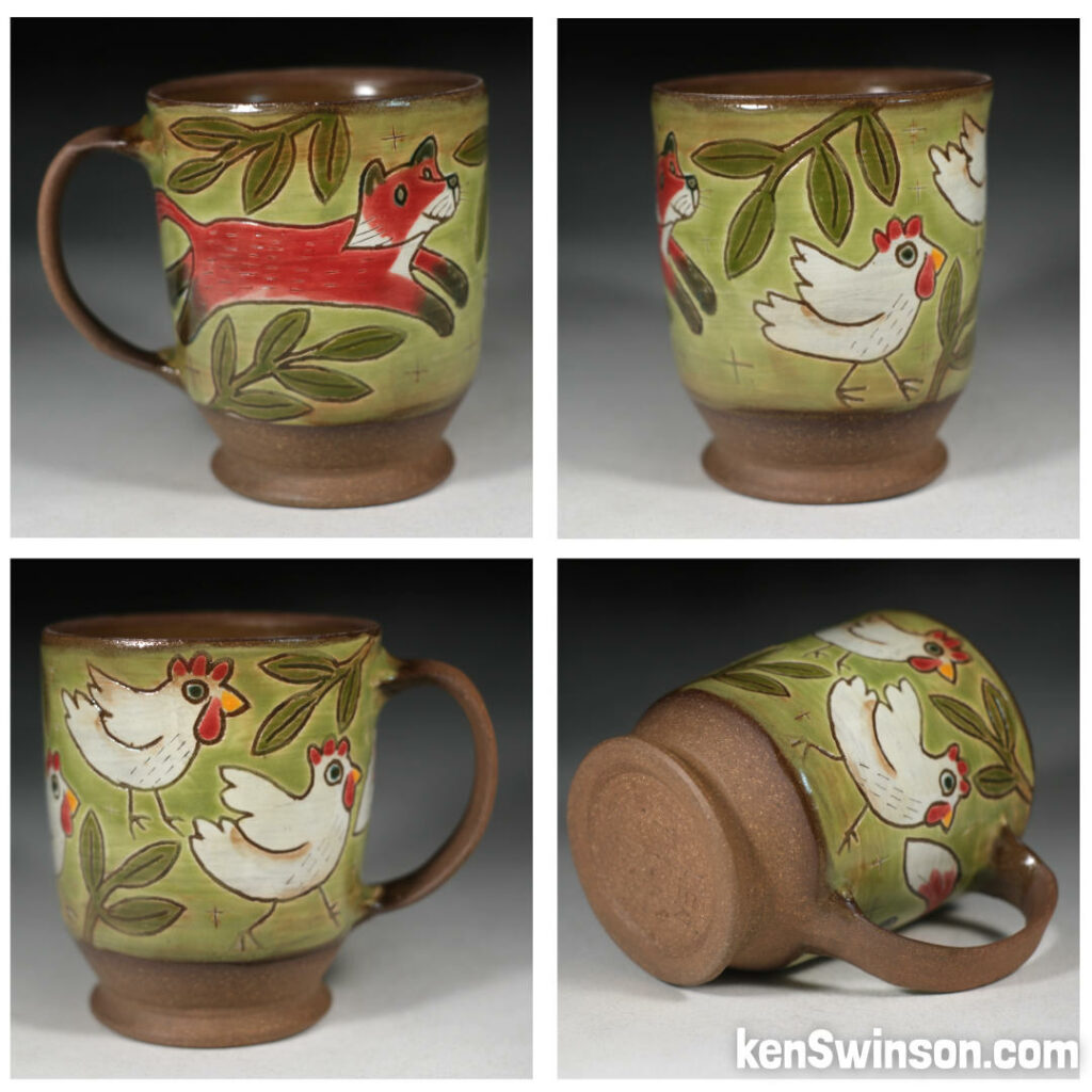 handmade pottery cup with fox and chickens made in kentucky