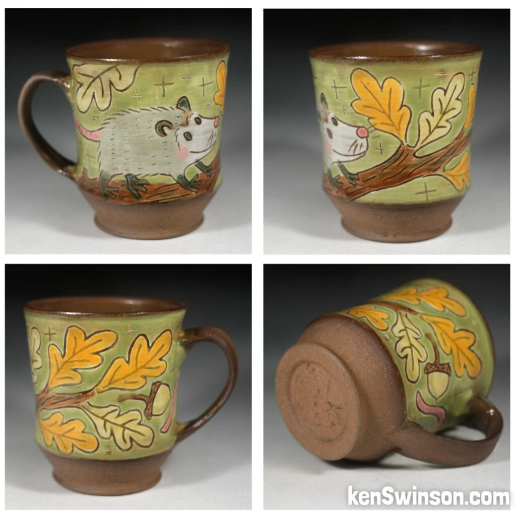 handmade cup with opossum design. made in Kentucky