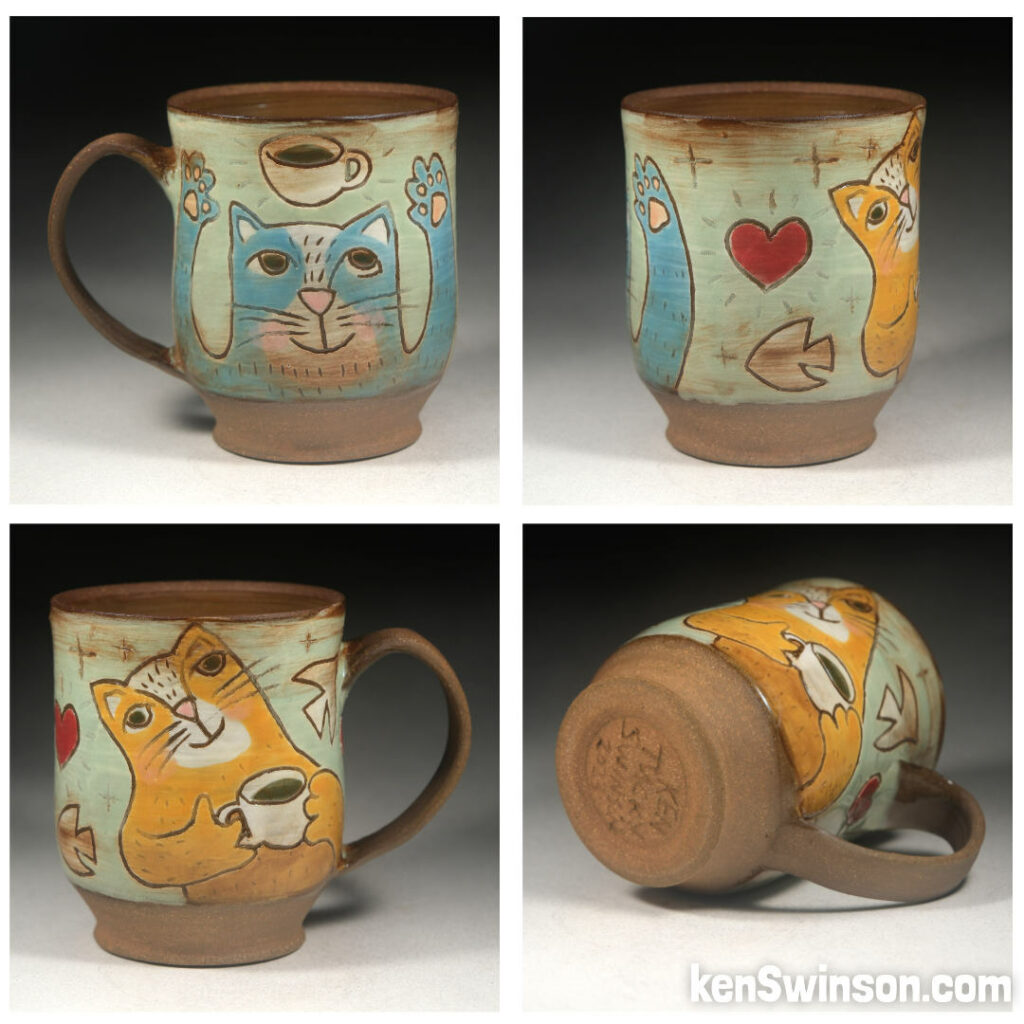 folk art pottery wheel thrown cup made in kentucky with 2 cats that love cups