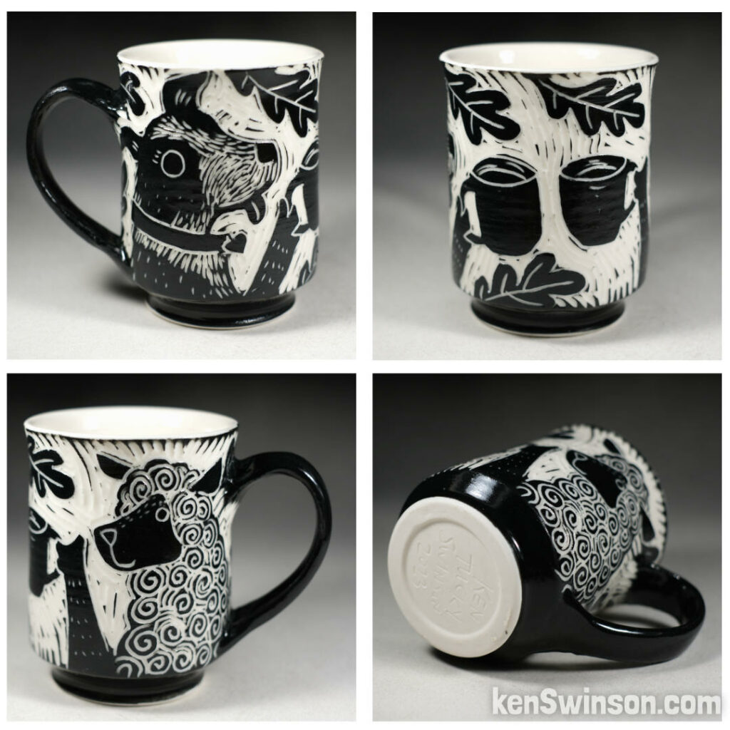 handmade porcelain cup with border collie and sheep decorations