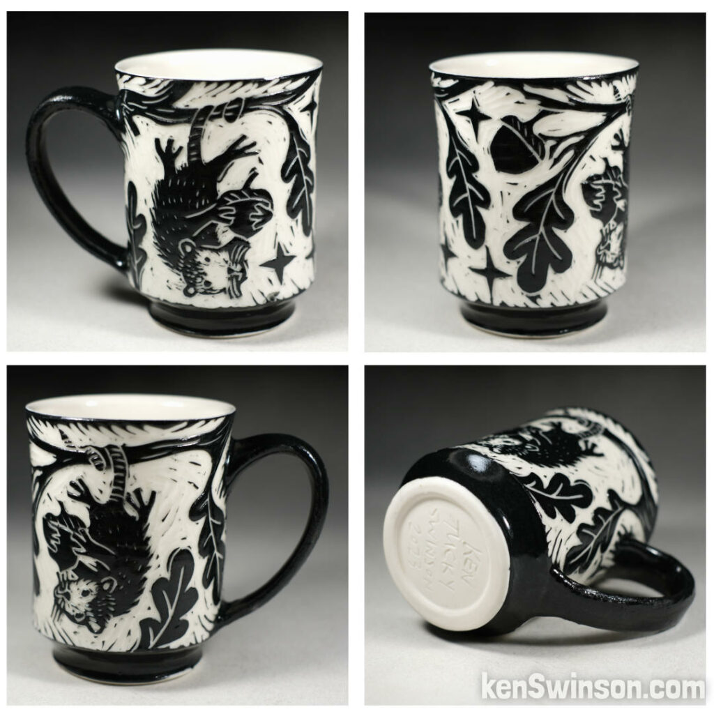 handmade porcelain cup decorated with opossums and acorns