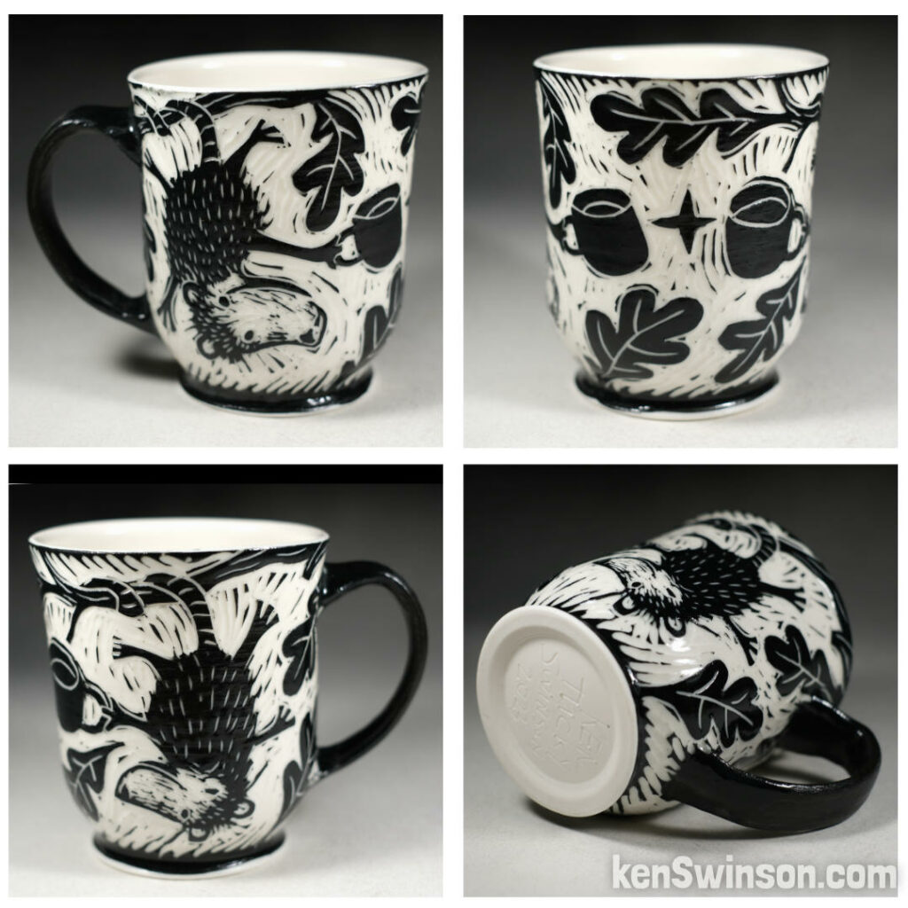 handmade porcelain cup with opossums holding coffee cups
