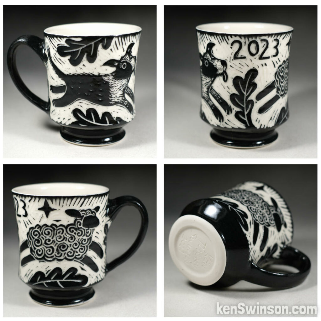 porcelain cup with border collie and sheep decorations