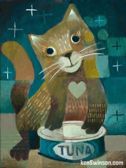 Folk Art style abstract painting of a cat standing on a tuna can
