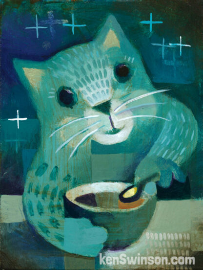 folk art style painting of a cat eating cereal