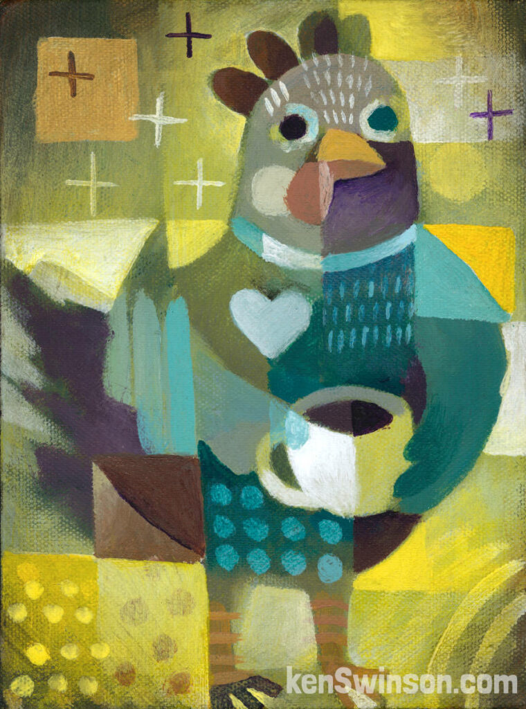 folk art style abstract painting of a chicken with a coffee cup
