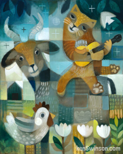 folk art abstract style acrylic painting of a cat riding a goat, playing guitar. a chicken and flowers are in the foreground
