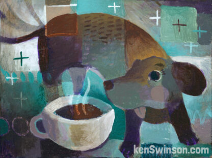 abstract folk art style painting of a weiner dog drinking coffee