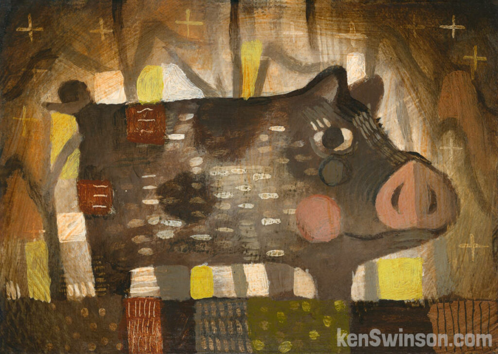 folk art abstract style painting of a pig in a cornfield