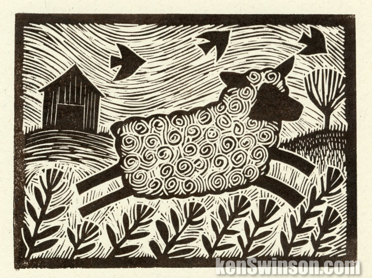 new block print notecards – sheep, pigs + fox