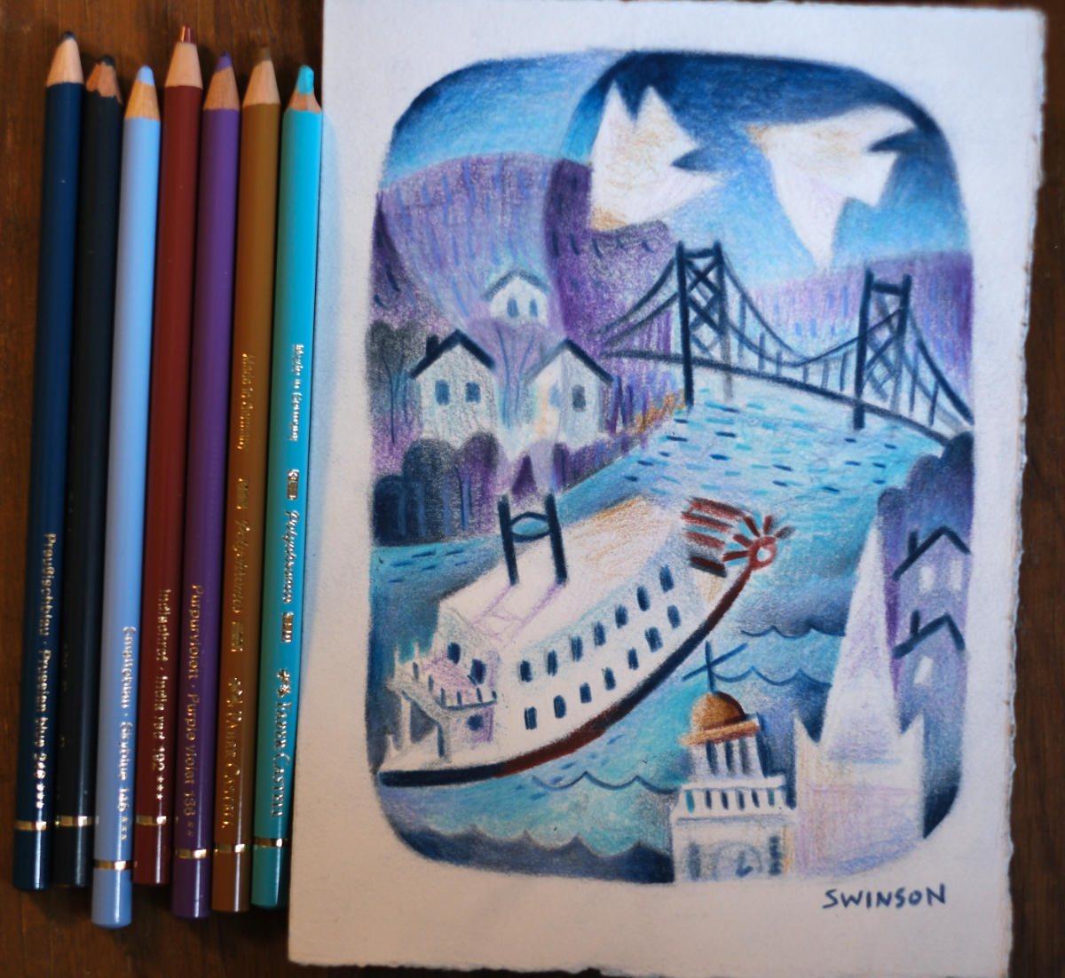 River Scene Colored Pencil Drawing