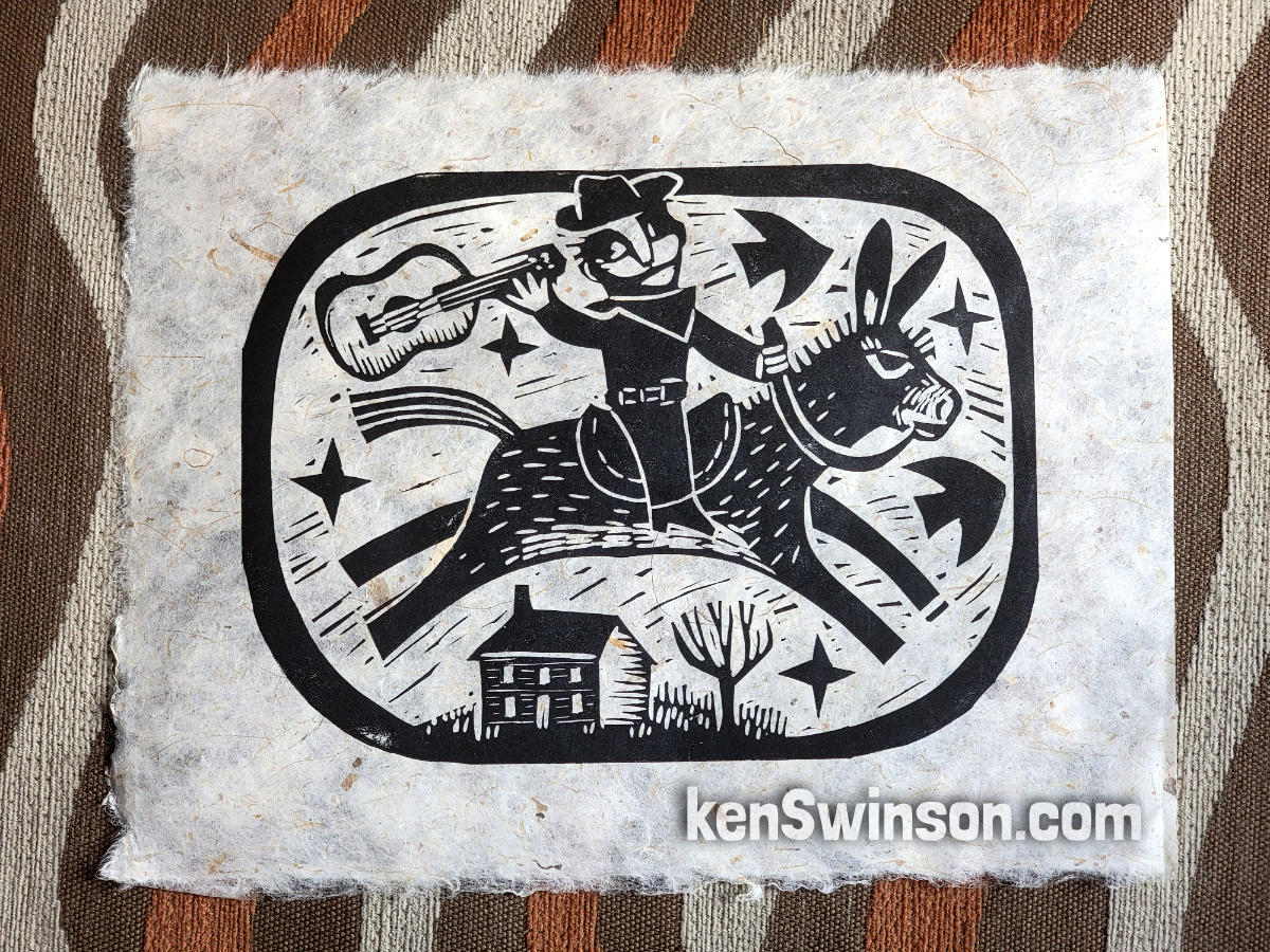 Have Guitar, Will Travel – linocut