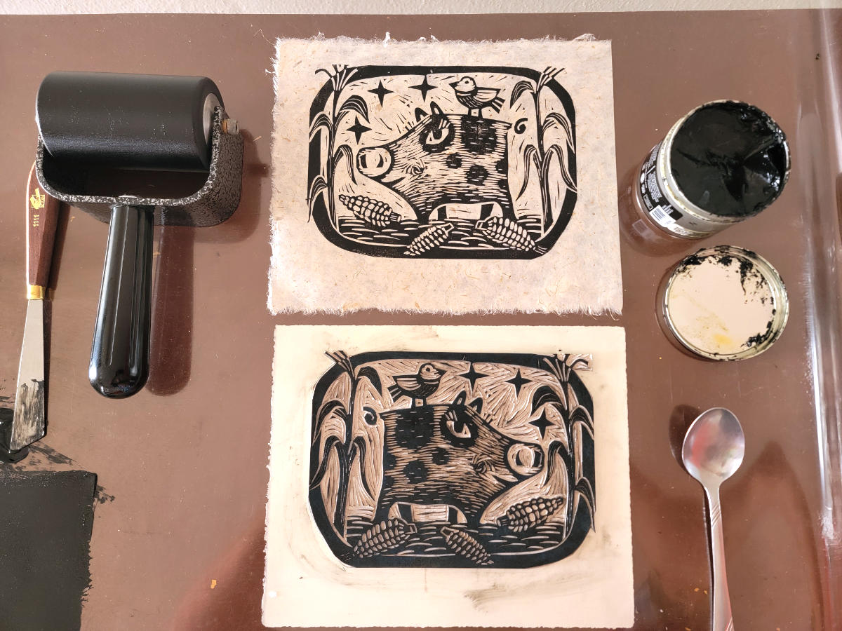 Midnight Snack – Pig in Cornfield block print