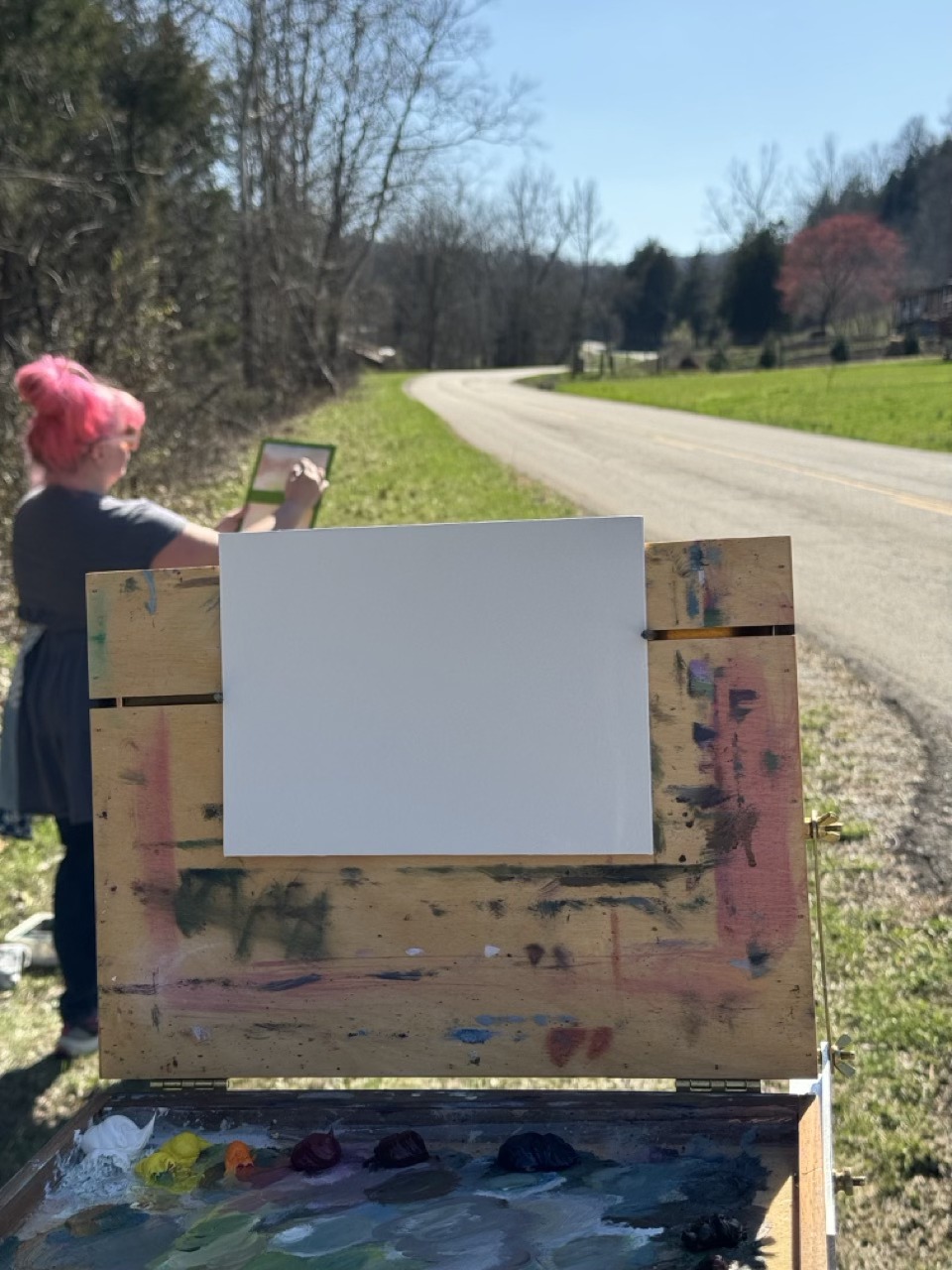 Pink tree in Concord, KY- plein air 13 March 2024