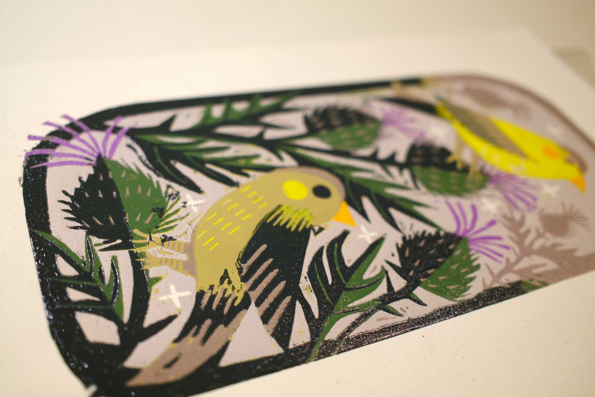 Goldfinches – Reduction Woodcut