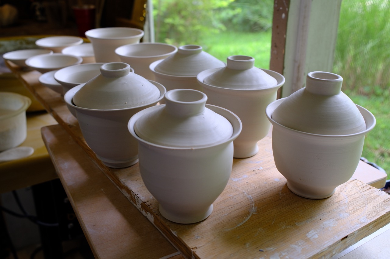 Practicing a new form : lidded tea bowls